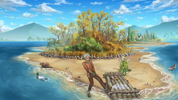 The illustration about two elves stranded on a small island