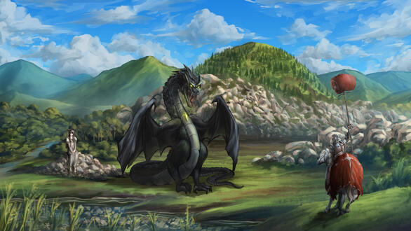 a knight that brings some meat to talk with the dragon.